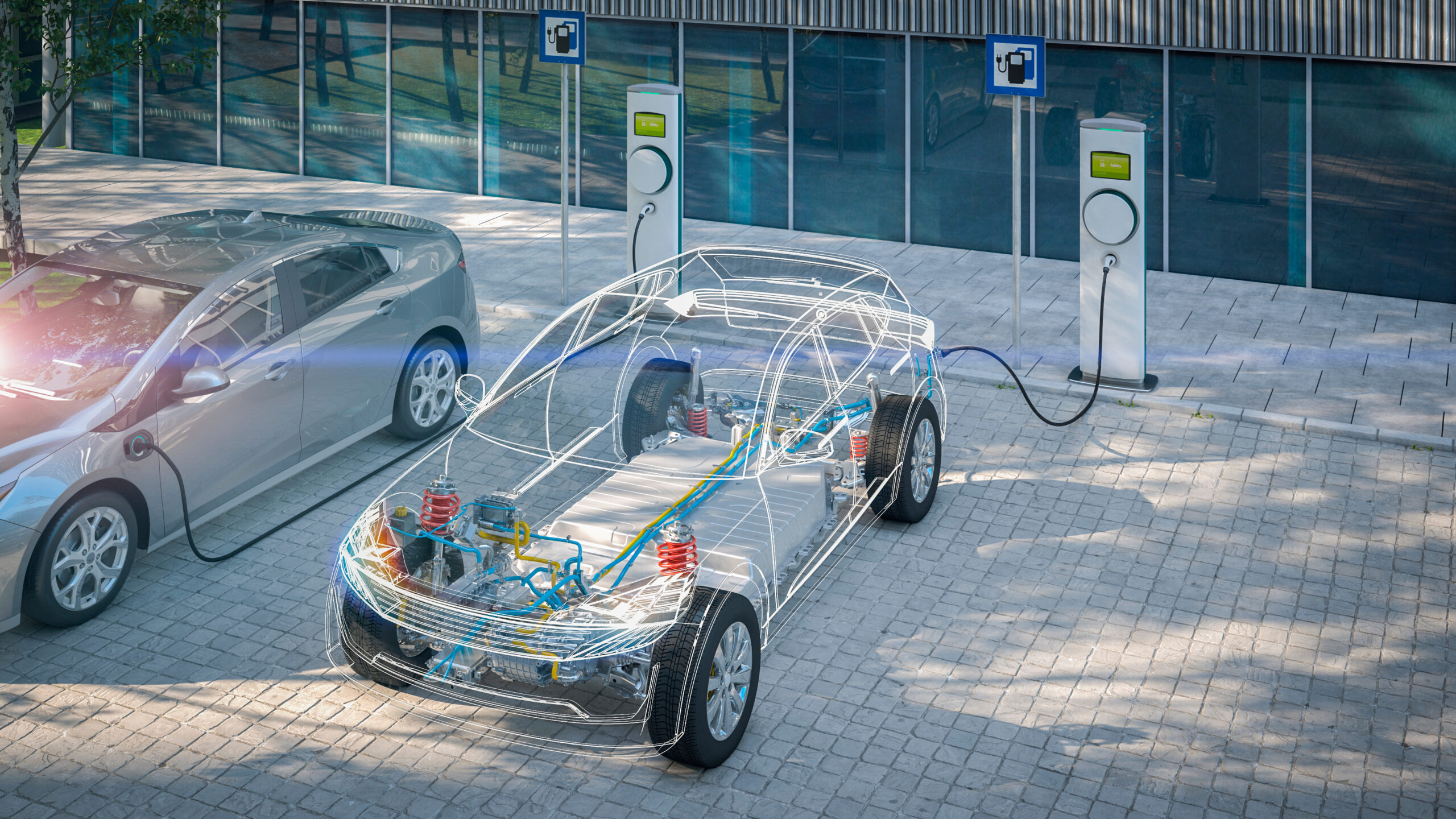 Generic,Electric,Car,With,Battery,Visible,X ray,Charging,At,Public