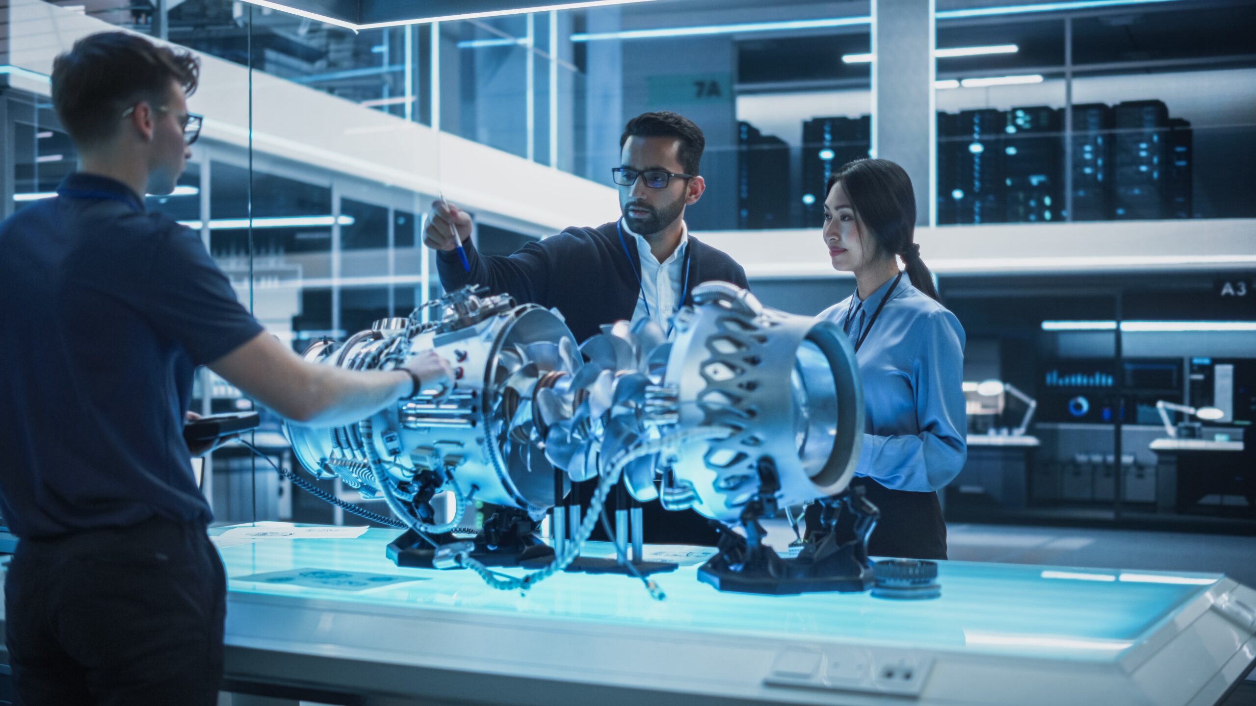 Young,Team,Of,Multicultural,Engineers,Use,Blueprints,,Tablet,And,Laptop