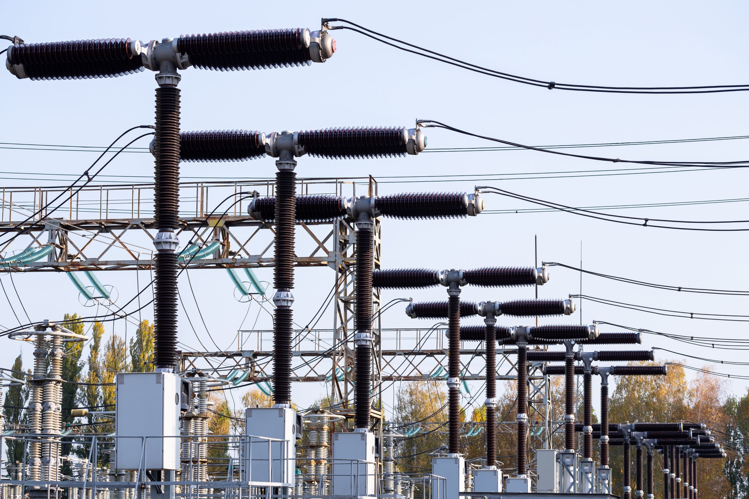 A,High voltage,Power,Electrical,Substation.,Power,Lines,,Poles,,Ceramic,And